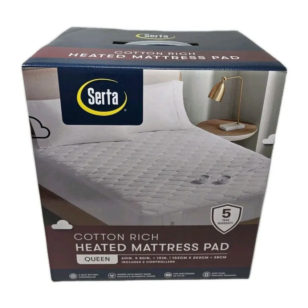 Serta Cotton Rich Queen Heated Mattress Pad Deep Fit, 5 Settings + 2 Controllers